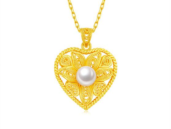 龙一凤一祥手工花丝珍珠黄金吊坠ZJF--005